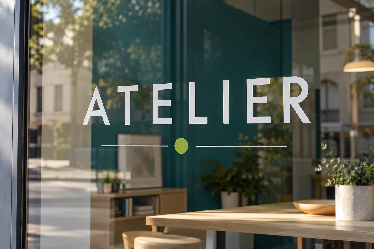Lettres adhésives blanches formant le mot ATELIER sur une vitrine