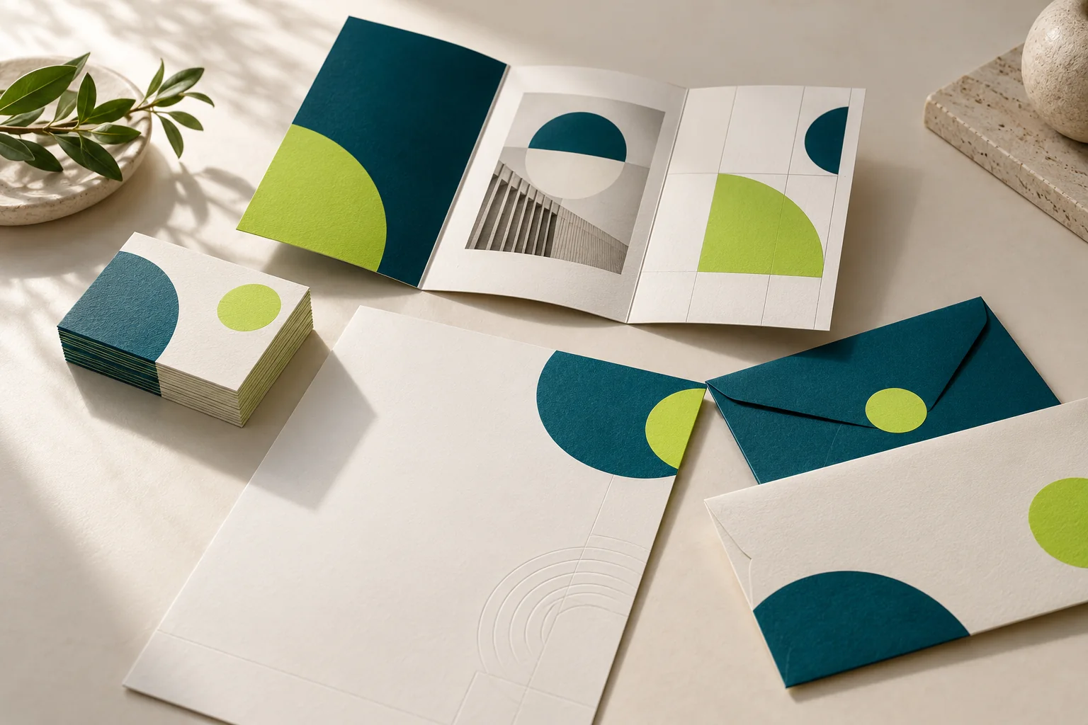 Cartes de visite, dépliant et enveloppes aux motifs bleu pétrole et vert anis