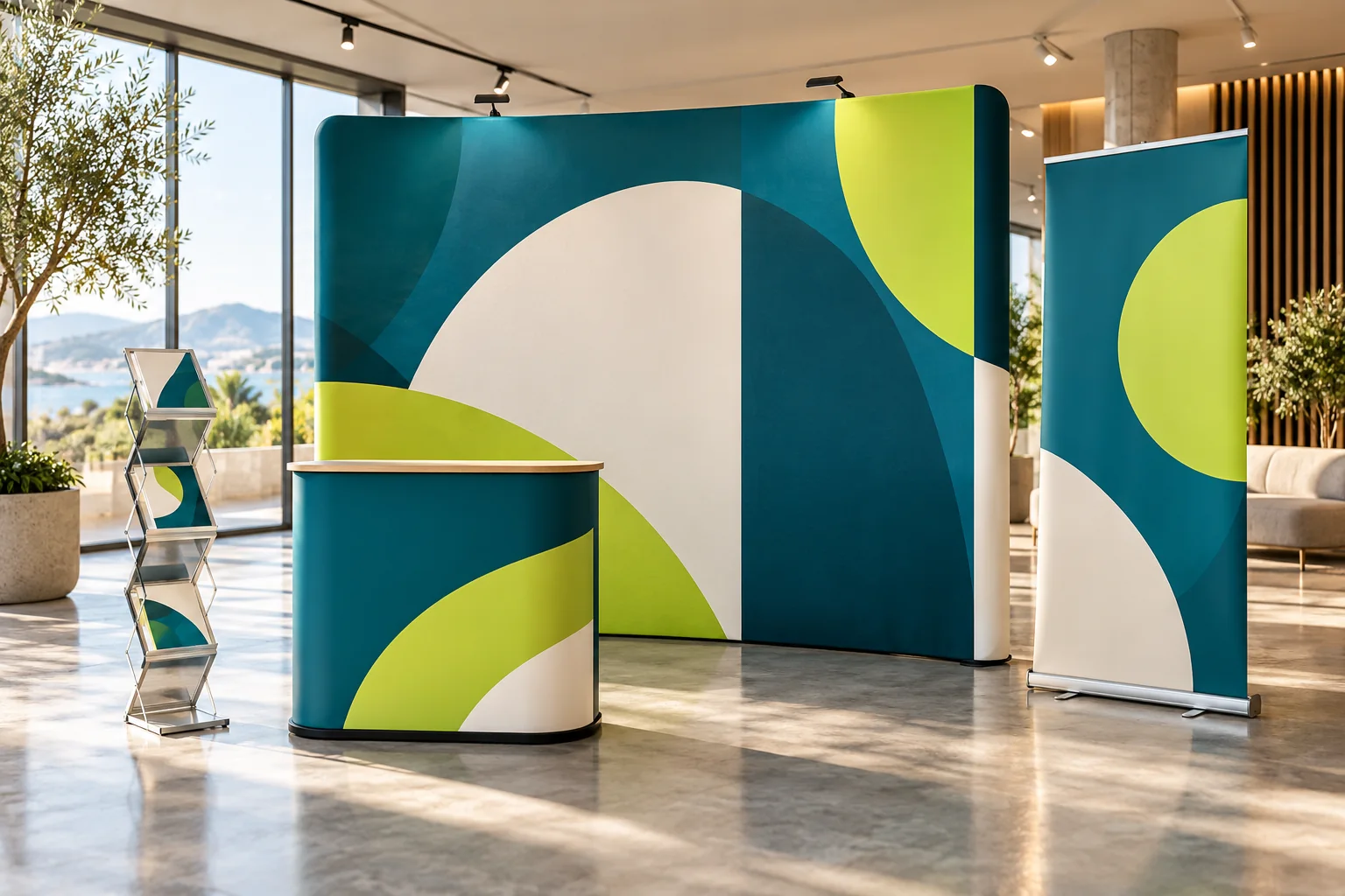 Stand publicitaire avec comptoir, fond imprimé, roll-up et présentoir à brochures