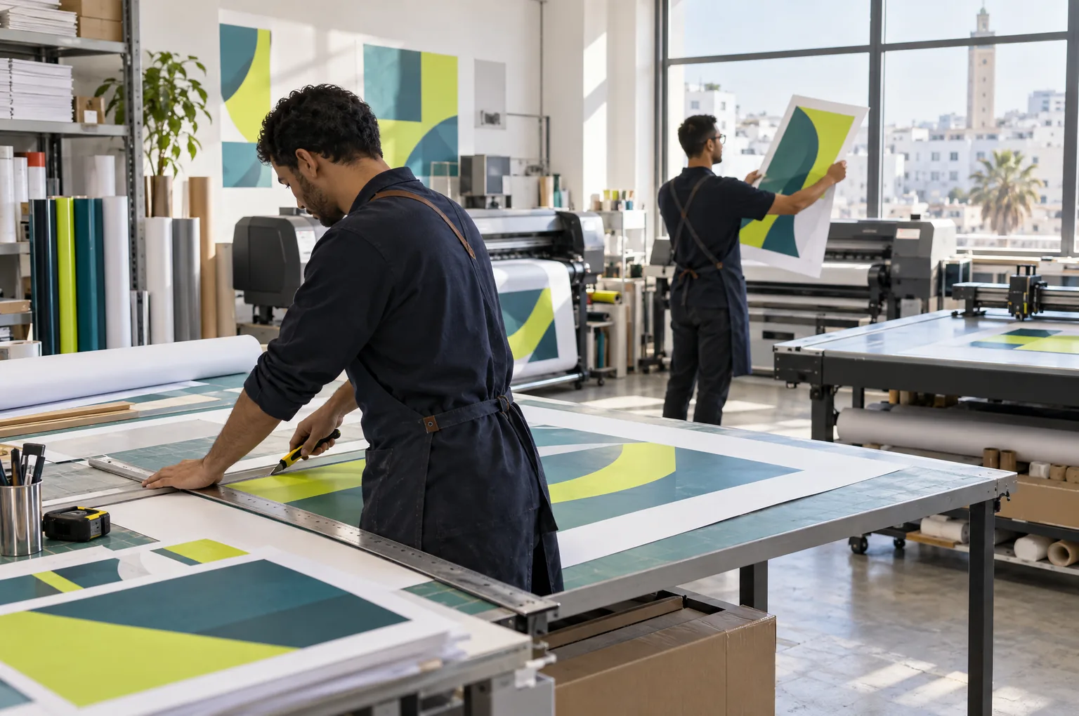 Atelier AlloPrint : un technicien massicote une affiche, un autre contrôle un tirage grand format