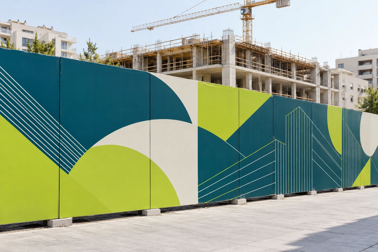 Palissade de chantier imprimée de motifs géométriques devant un bâtiment en construction