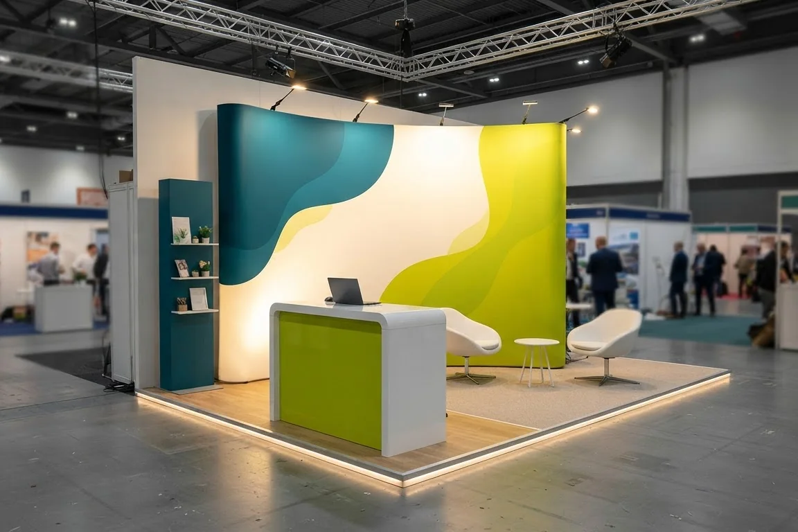 Stand d’exposition sur mesure avec mur rétroéclairé bleu pétrole et vert anis, comptoir d’accueil et salon