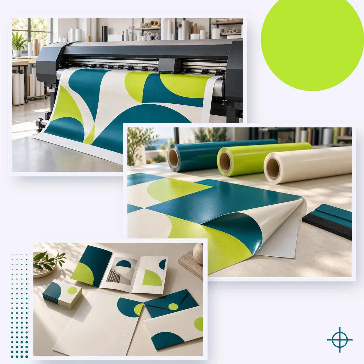 Traceur grand format, rouleaux de vinyle adhésif et papeterie imprimée aux couleurs bleu pétrole et vert anis